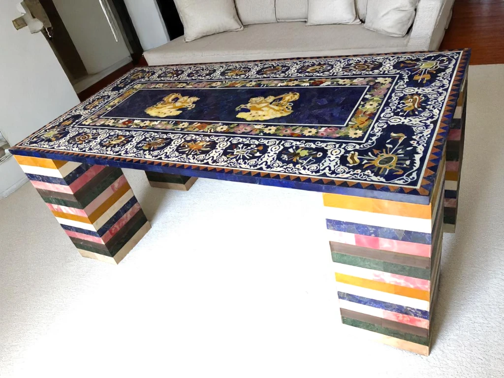 Pietradura Marble Dining Table Lapis Inlay Mosaic Handicraft Indian Art